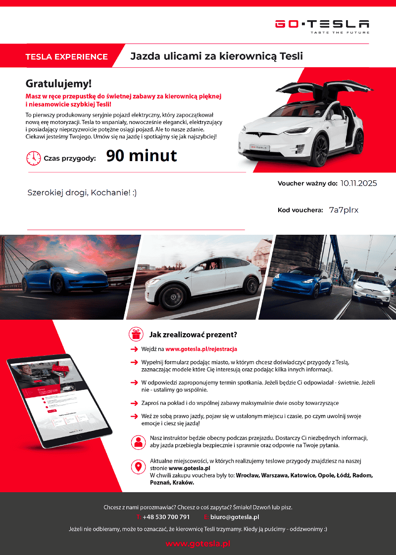 Jak wygląda Voucher GO Tesla po wydrukowaniu