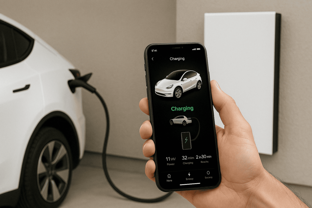 Ładowanie Tesla Model Y z pomocą PowerWall i aplikacji Tesli.