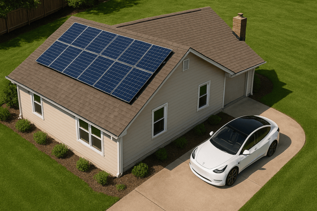 Panele fotowoltaiczne w towarzystwie Tesla Model Y