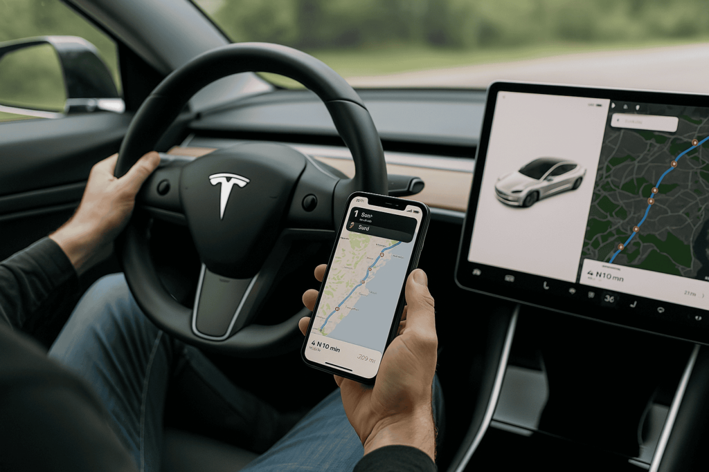 Wybieranie trasy na aplikacji Tesla