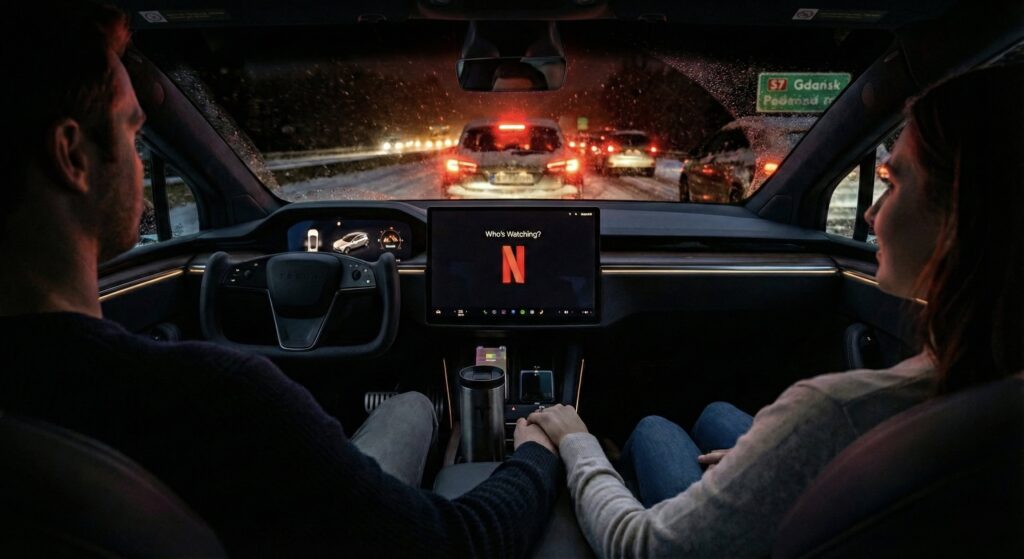 GoTesla Tesla i pasażerowie w korku zimą