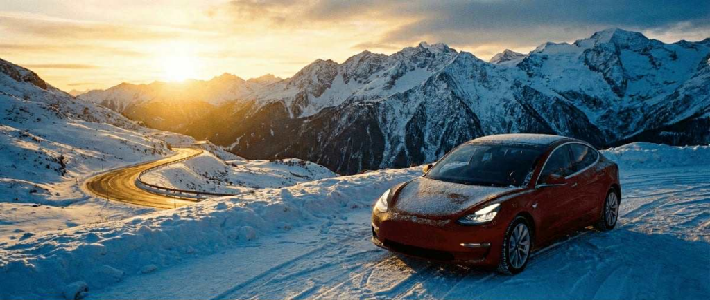 Tesla zimą w górach